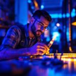 A photograph of a skilled lighting contractor working with vibrant led tape lights in a modern setting
