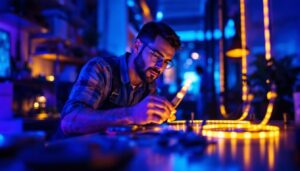 A photograph of a skilled lighting contractor working with vibrant led tape lights in a modern setting