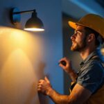 A photograph of a skilled lighting contractor installing a stylish wall mount led light in a modern interior space