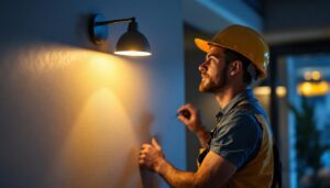 A photograph of a skilled lighting contractor installing a stylish wall mount led light in a modern interior space