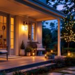 A photograph of a beautifully illuminated front porch featuring a variety of stylish solar lights in different designs