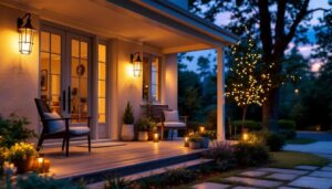 A photograph of a beautifully illuminated front porch featuring a variety of stylish solar lights in different designs