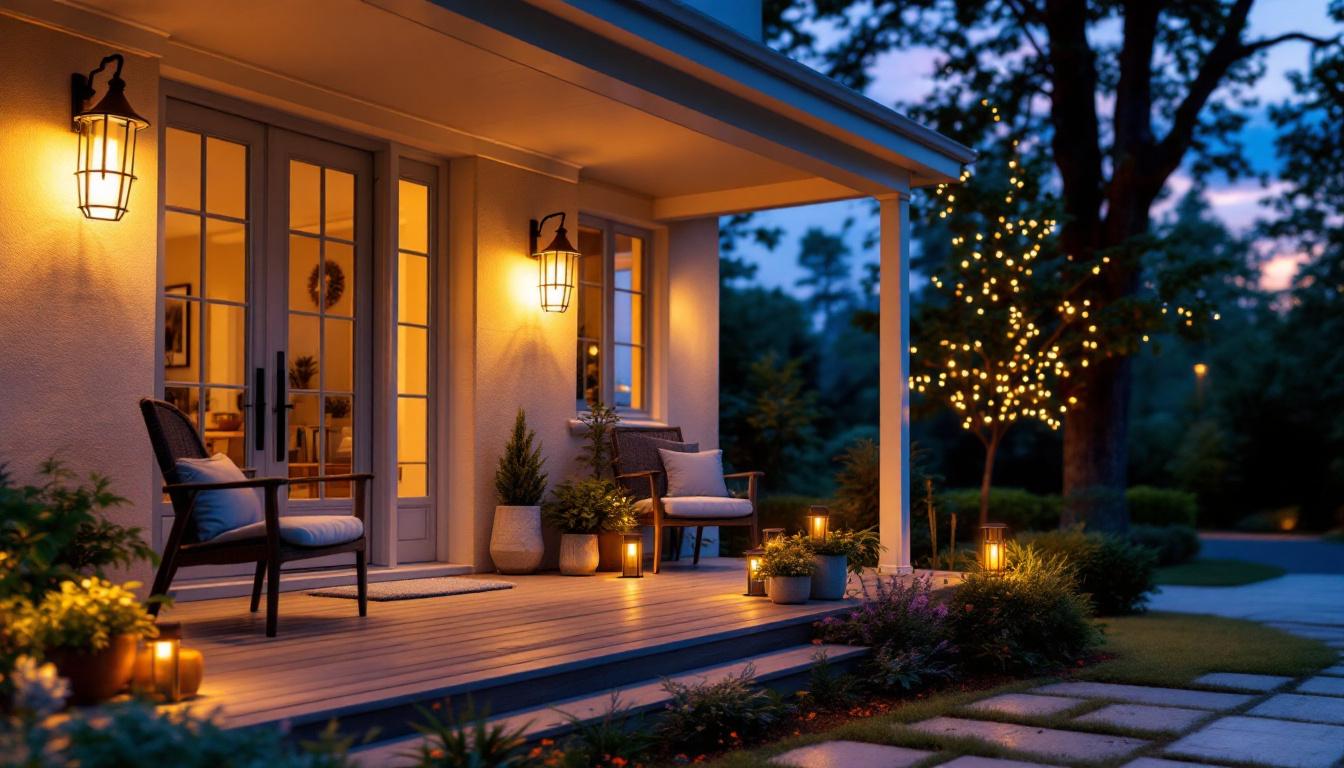A photograph of a beautifully illuminated front porch featuring a variety of stylish solar lights in different designs