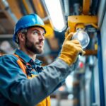 A photograph of a skilled lighting contractor confidently replacing a fluorescent tube in a commercial or industrial setting