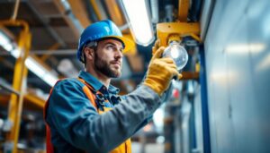 A photograph of a skilled lighting contractor confidently replacing a fluorescent tube in a commercial or industrial setting