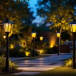 A photograph of a beautifully lit outdoor space featuring various styles of solar post lights in use