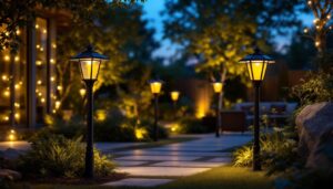 A photograph of a beautifully lit outdoor space featuring various styles of solar post lights in use