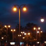 A photograph of a well-lit outdoor scene featuring a variety of pole light fixtures in use