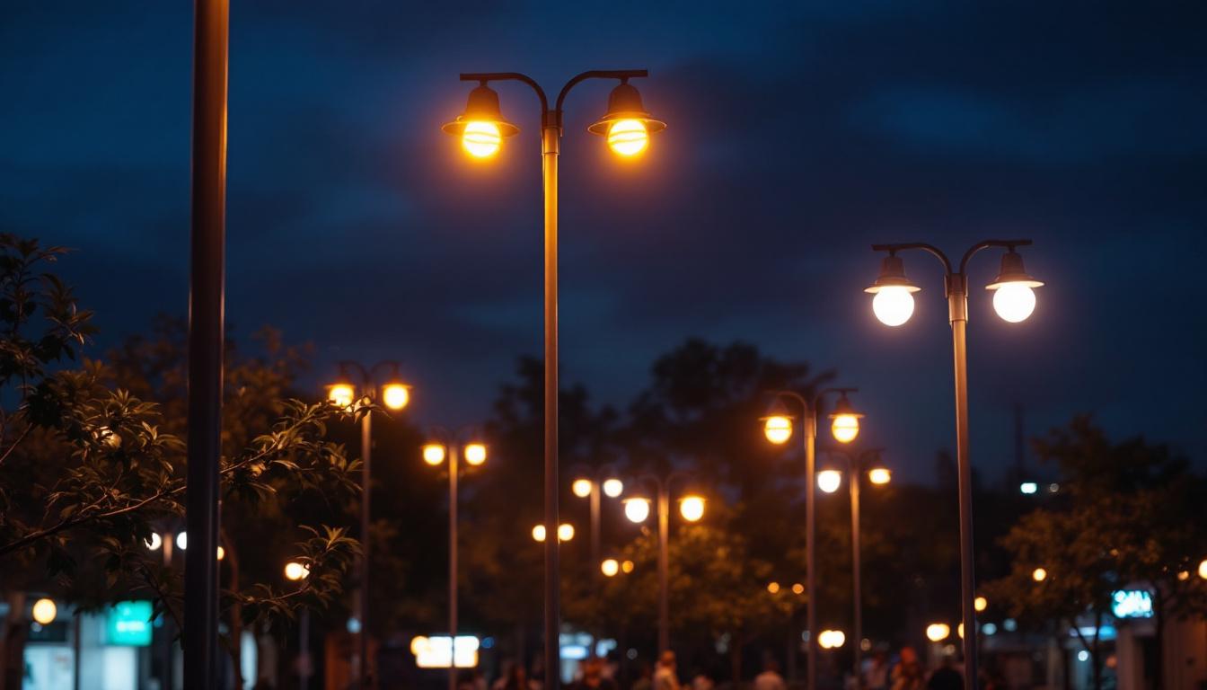 A photograph of a well-lit outdoor scene featuring a variety of pole light fixtures in use