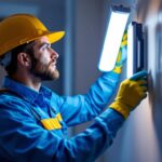A photograph of a lighting contractor installing uv light fixtures in a modern home setting