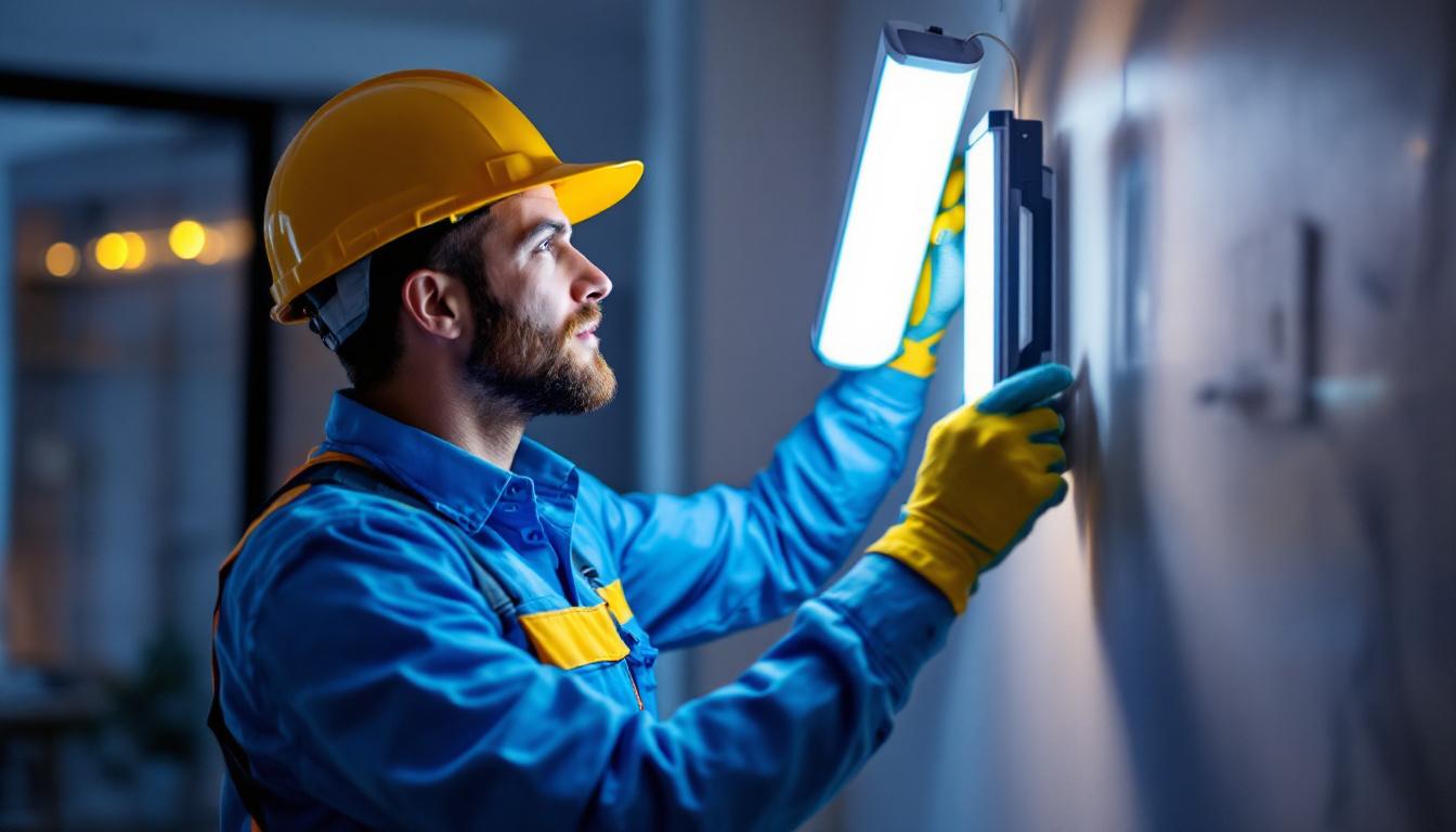 A photograph of a lighting contractor installing uv light fixtures in a modern home setting