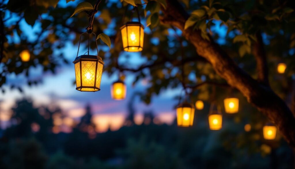 A photograph of a beautifully lit outdoor scene featuring solar lanterns hanging from tree branches