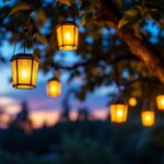 A photograph of a beautifully lit outdoor scene featuring solar lanterns hanging from tree branches