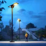 A photograph of a large solar lamp post in a well-lit outdoor setting
