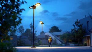 A photograph of a large solar lamp post in a well-lit outdoor setting