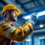 A photograph of a skilled lighting contractor expertly installing or adjusting an 8 ft led light fixture in a commercial or industrial setting
