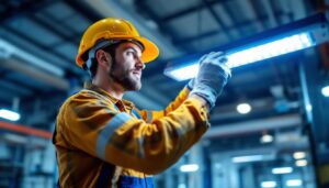 A photograph of a skilled lighting contractor expertly installing or adjusting an 8 ft led light fixture in a commercial or industrial setting