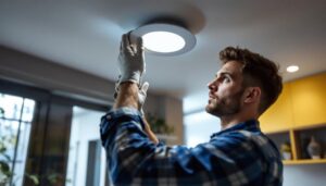 A photograph of a lighting contractor installing a 6-inch recessed led retrofit in a modern home setting
