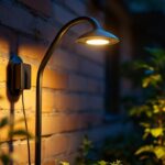 A photograph of a beautifully designed solar gooseneck light installed in a garden or outdoor setting