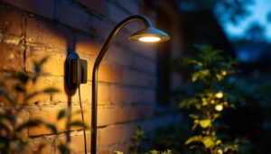 A photograph of a beautifully designed solar gooseneck light installed in a garden or outdoor setting