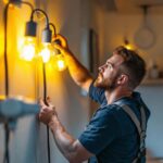 A photograph of a skilled lighting contractor installing stylish plug lighting in a modern interior space