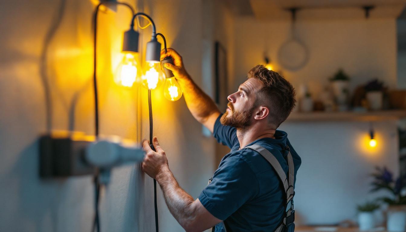 A photograph of a skilled lighting contractor installing stylish plug lighting in a modern interior space