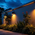 A photograph of a beautifully illuminated exterior wall featuring stylish solar lights