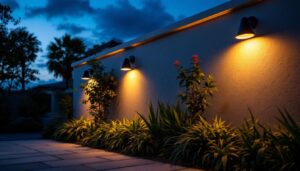 A photograph of a beautifully illuminated exterior wall featuring stylish solar lights