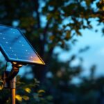 A photograph of a solar-powered led lamp installed in a garden setting