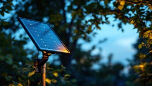 A photograph of a solar-powered led lamp installed in a garden setting