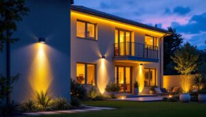 A photograph of a beautifully illuminated outdoor space at dusk