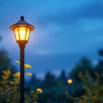 A photograph of a beautifully illuminated solar yard lamp post in a lush garden setting during twilight