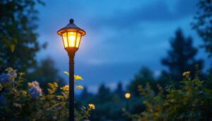 A photograph of a beautifully illuminated solar yard lamp post in a lush garden setting during twilight