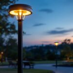 A photograph of a modern park light post illuminated at dusk