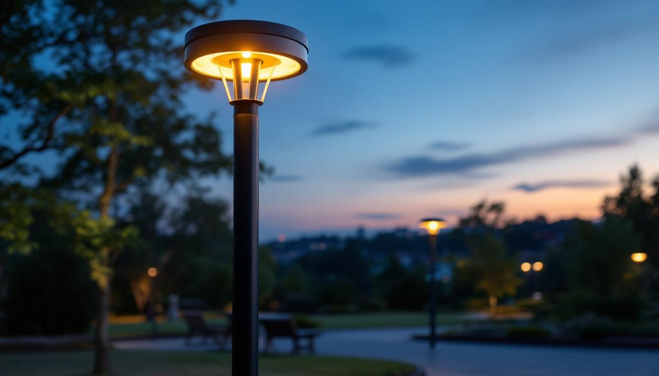 A photograph of a modern park light post illuminated at dusk