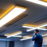 A photograph of a beautifully illuminated room featuring sleek ceiling strip lights in various settings