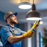 A photograph of a professional lighting contractor installing a motion detector in a stylish light fixture