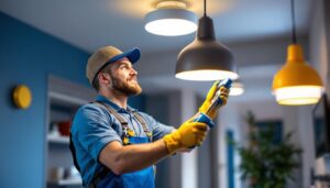 A photograph of a professional lighting contractor installing a motion detector in a stylish light fixture