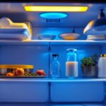 A photograph of a well-lit refrigerator interior showcasing various types of lighting fixtures