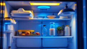 A photograph of a well-lit refrigerator interior showcasing various types of lighting fixtures