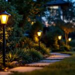 A photograph of a beautifully landscaped yard featuring elegant solar light posts illuminating the pathway