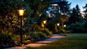 A photograph of a beautifully landscaped yard featuring elegant solar light posts illuminating the pathway