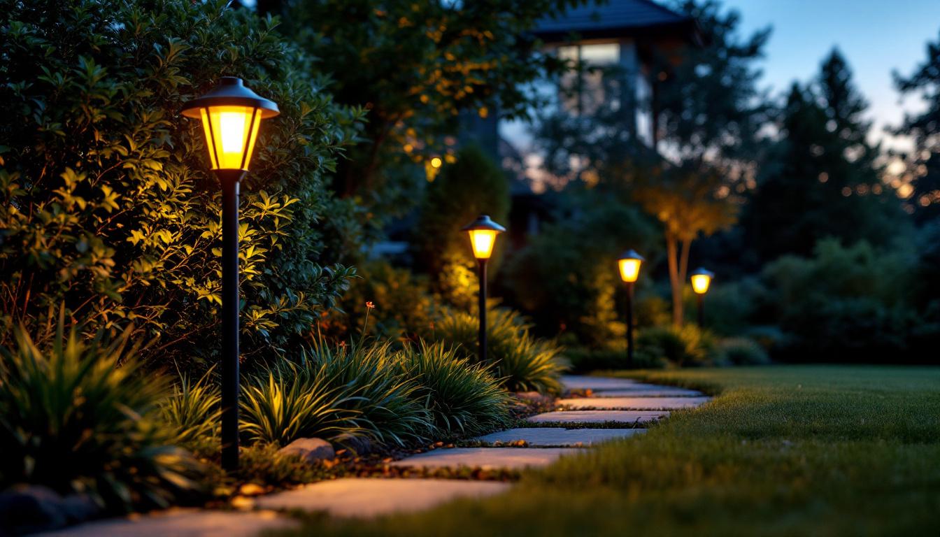A photograph of a beautifully landscaped yard featuring elegant solar light posts illuminating the pathway