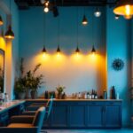 A photograph of a stylish hair salon interior showcasing various lighting elements