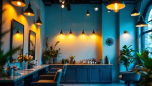 A photograph of a stylish hair salon interior showcasing various lighting elements