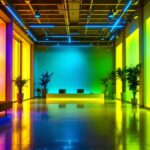 A photograph of a well-lit indoor space showcasing innovative lighting fixtures that utilize ultraviolet light