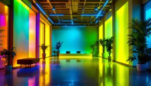 A photograph of a well-lit indoor space showcasing innovative lighting fixtures that utilize ultraviolet light