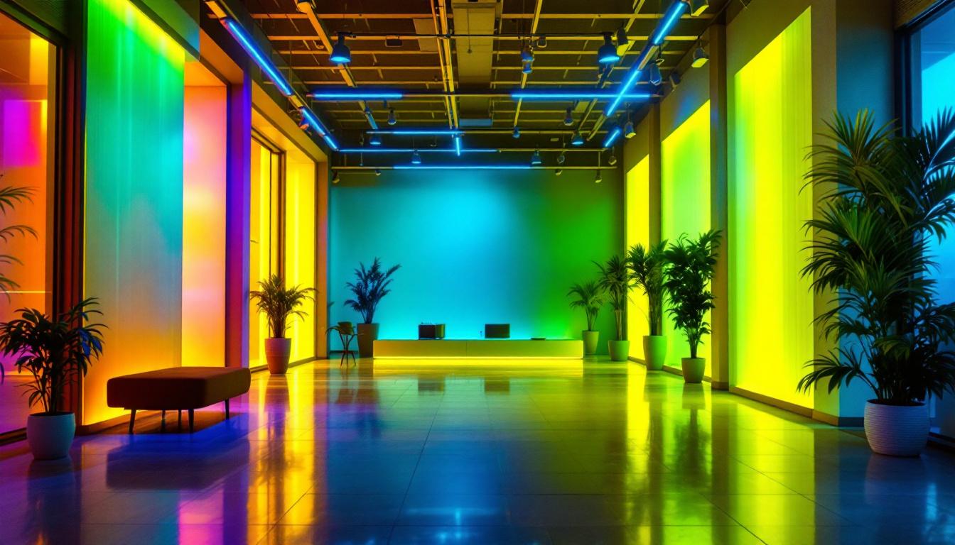 A photograph of a well-lit indoor space showcasing innovative lighting fixtures that utilize ultraviolet light