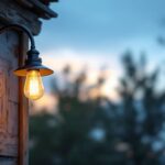 A photograph of a stylish barn light gooseneck fixture installed in a rustic outdoor setting