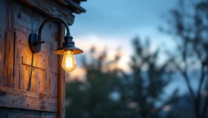 A photograph of a stylish barn light gooseneck fixture installed in a rustic outdoor setting